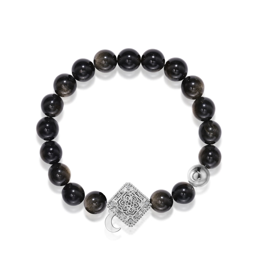 「Three Charms」 Sundial &Lotus&The endless love knot Golden Obsidian beaded bracelet