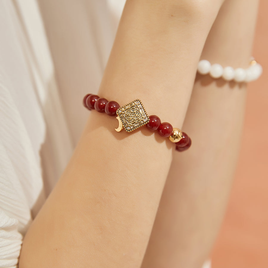 「Three Charms」 Sundial &Lotus&The endless love knot Red Agate beaded bracelet