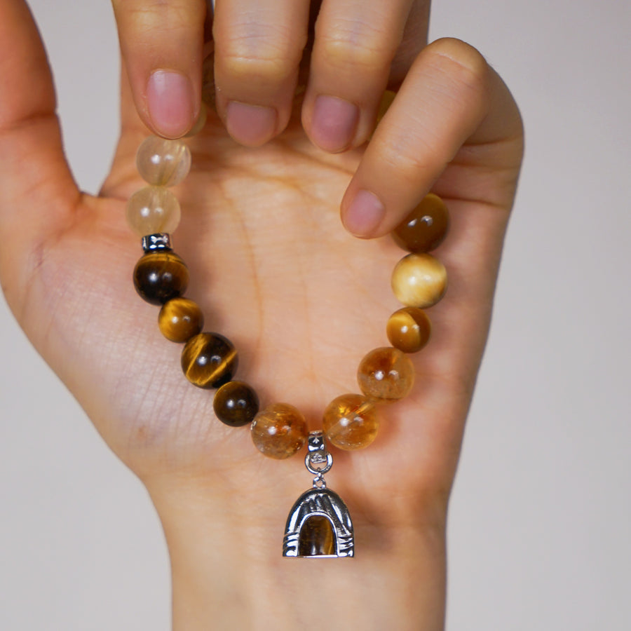 Five Elements「Earth」Solid 925 Sterling Silver, 18K Gold/White Gold Plated Tiger Eye Earth Mountain Pendant Crystal Bracelet