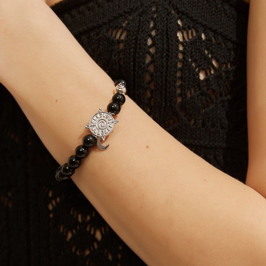 「Three Charms」 Sundial &Lotus&The endless love knot Black Agate beaded bracelet