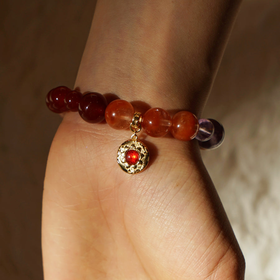 Five Elements「Fire」Solid 925 Sterling Silver, 18K Gold/White Gold Plated Garnet the Sun Firebird Pendant Crystal Bracelet