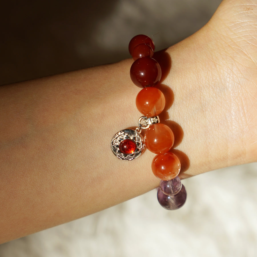 Five Elements「Fire」Solid 925 Sterling Silver, 18K Gold/White Gold Plated Garnet the Sun Firebird Pendant Crystal Bracelet