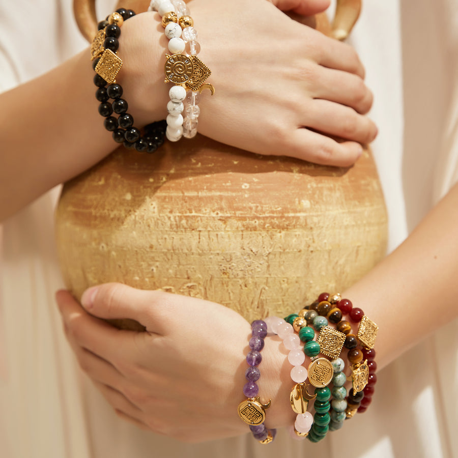 「Three Charms」 Sundial &Lotus&The endless love knot Yellow Tiger's Eye beaded bracelet