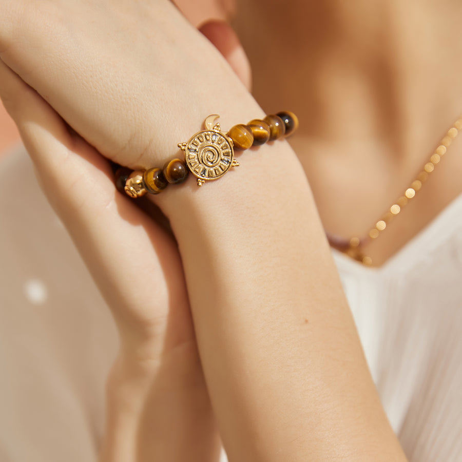 「Three Charms」 Sundial &Lotus&The endless love knot Yellow Tiger's Eye beaded bracelet