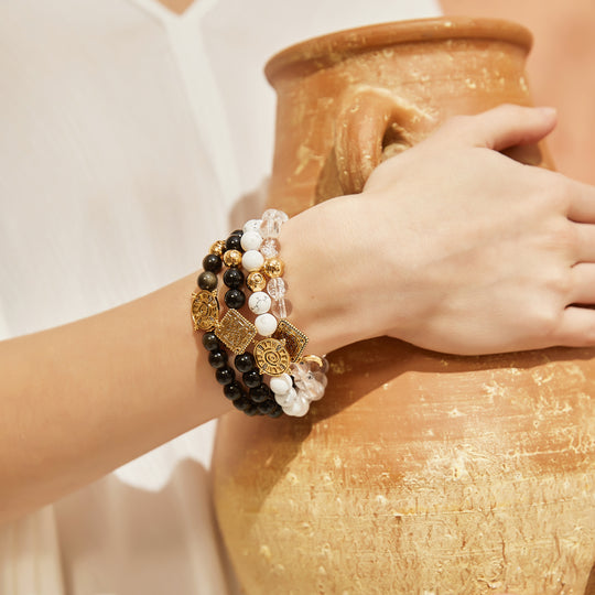「Three Charms」 Sundial &Lotus&The endless love knot Golden Obsidian beaded bracelet