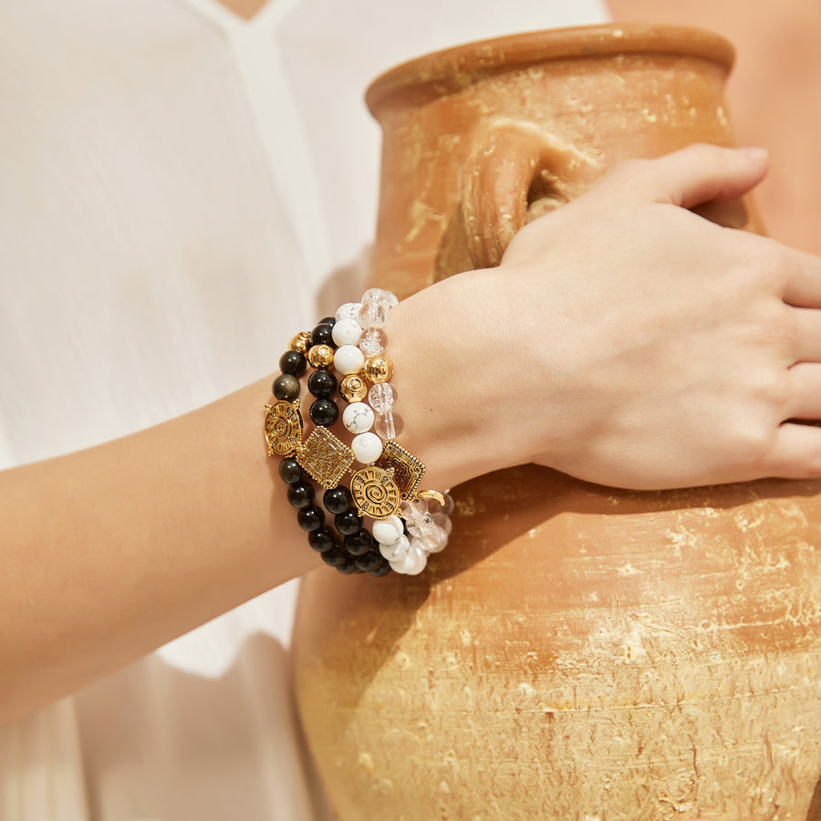 「Three Charms」 Sundial &Lotus&The endless love knot Golden Obsidian beaded bracelet
