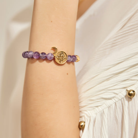 「Three Charms」 Sundial &Lotus&The endless love knot Amethyst beaded bracelet