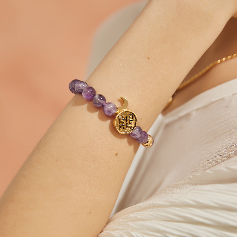 「Three Charms」 Sundial &Lotus&The endless love knot Amethyst beaded bracelet