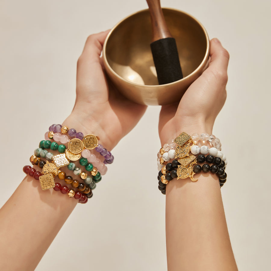 「Three Charms」 Sundial &Lotus&The endless love knot Red Agate beaded bracelet