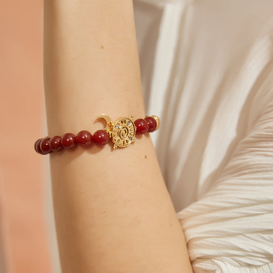 「Three Charms」 Sundial &Lotus&The endless love knot Red Agate beaded bracelet