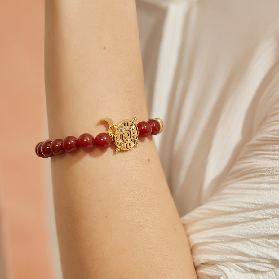 「Three Charms」 Sundial &Lotus&The endless love knot Red Agate beaded bracelet