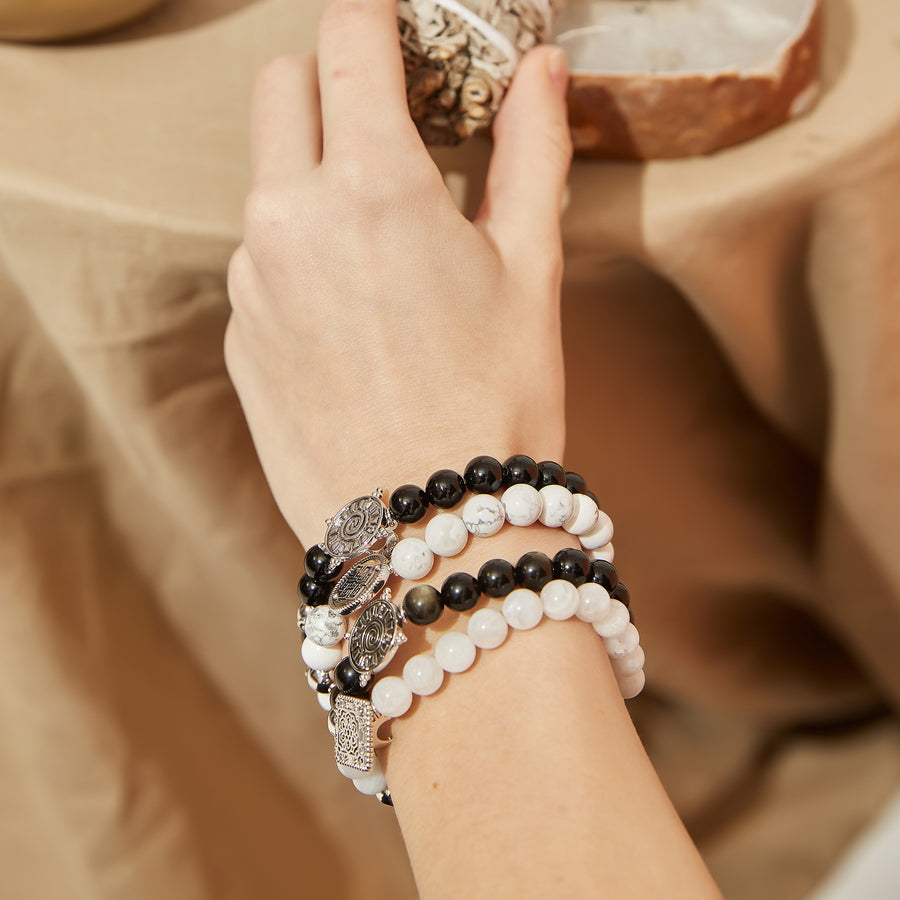 「Three Charms」 Sundial &Lotus&The endless love knot Golden Obsidian beaded bracelet