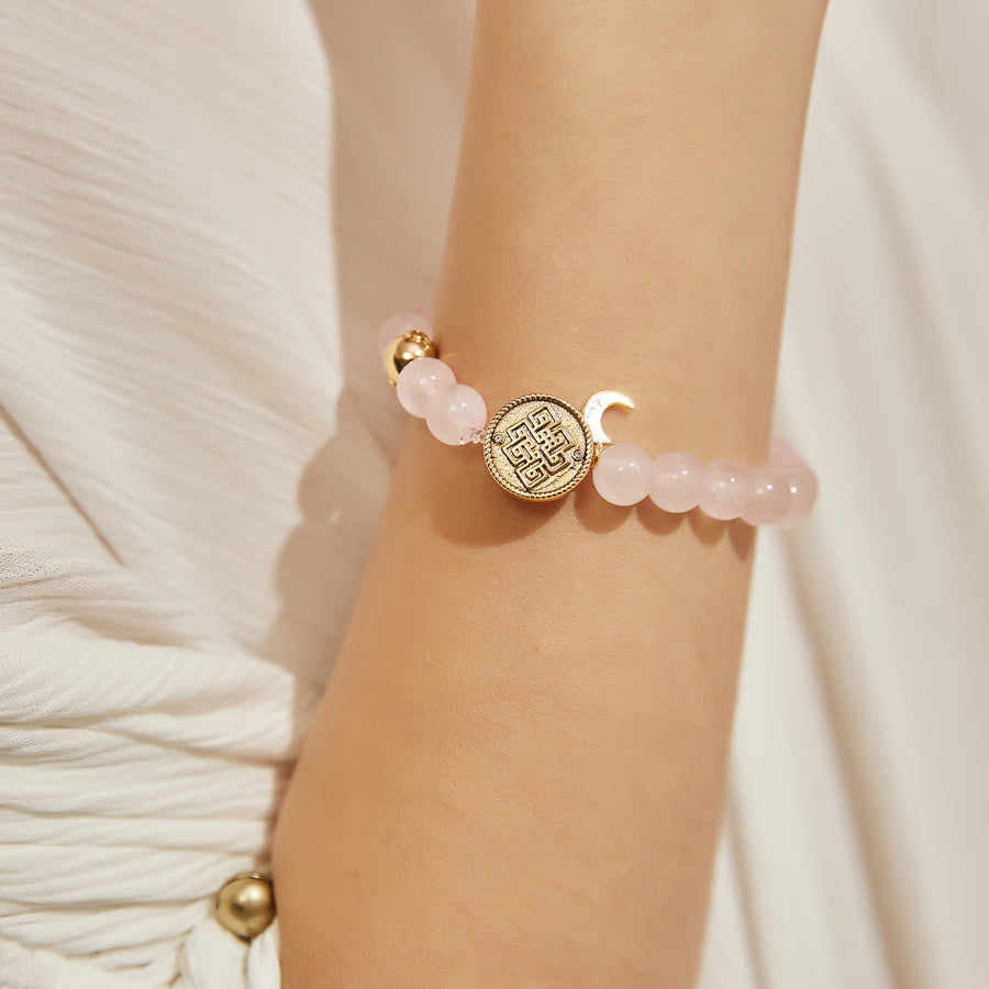 「Three Charms」 Sundial &Lotus&The endless love knot Rose Quartz beaded bracelet