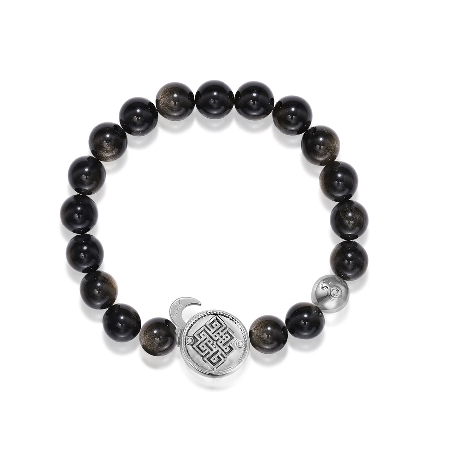 「Three Charms」 Sundial &Lotus&The endless love knot Golden Obsidian beaded bracelet