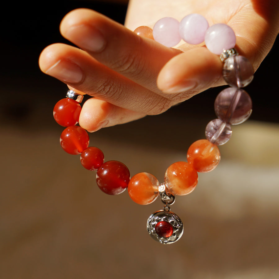 Five Elements「Fire」Solid 925 Sterling Silver, 18K Gold/White Gold Plated Garnet the Sun Firebird Pendant Crystal Bracelet
