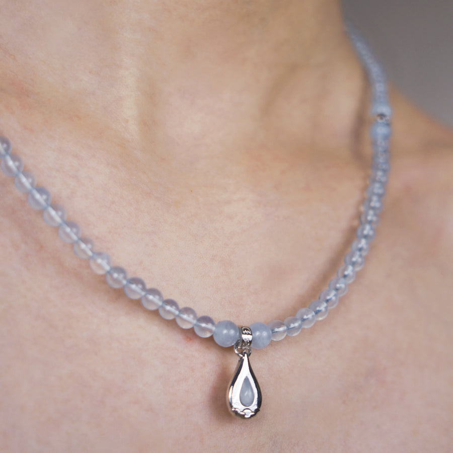 Five Elements「Water」Solid 925 Sterling Silver, 18K Gold/White Gold Plated Aquamarine Waterdrop Pendant 3 Layered Crystal Bracelet & Necklace