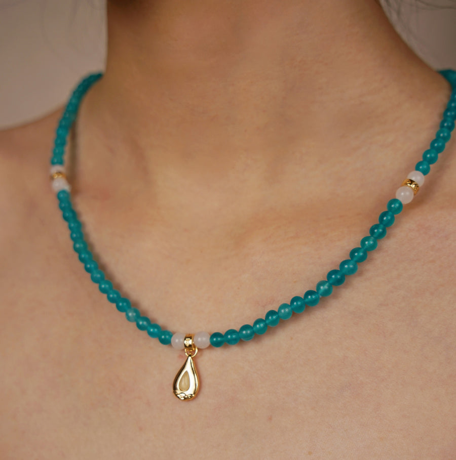 Five Elements「Water」Solid 925 Sterling Silver, 18K Gold/White Gold Plated Aquamarine Waterdrop Pendant 3 Layered Crystal Bracelet & Necklace