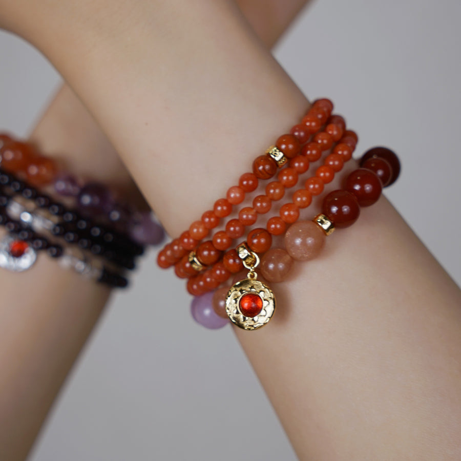 Five Elements「Fire」Solid 925 Sterling Silver, 18K Gold/White Gold Plated Red Color Healing Garnet the Sun Firebird Pendant  3 Layered Crystal Bracelet & Necklace
