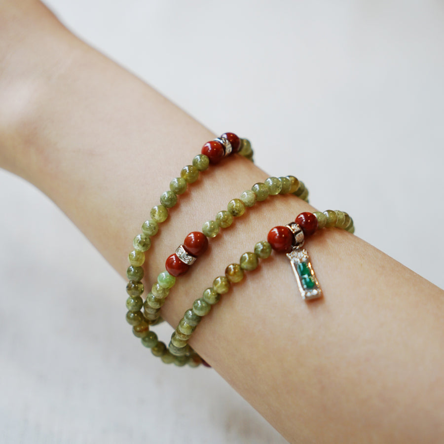 Five Elements「Wood」Solid 925 Sterling Silver, 18K Gold/White Gold Plated Green Color Healing Emerald Life Tree with Flower Pendant 3 Layered Crystal Bracelet & Necklace
