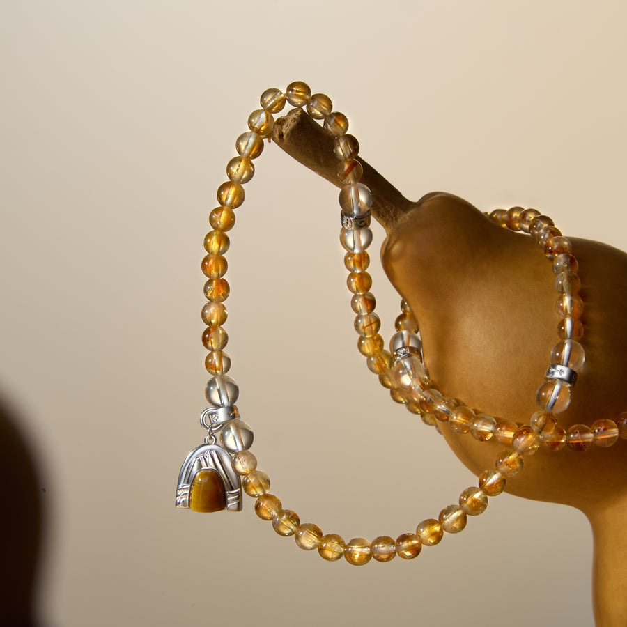 Five Elements「Earth」Solid 925 Sterling Silver, 18K Gold/White Gold Plated Yellow Color Healing Tiger Eye Earth Moutain Pendant  3 Layered Crystal Bracelet & Necklace