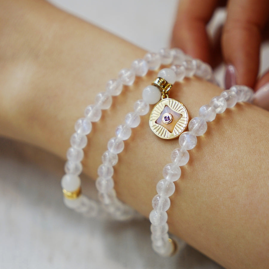 Five Elements「Metal」Solid 925 Sterling Silver, 18K Gold/White Gold Plated White Color Healing Moonstone Aura Pendant 3 Layered Crystal Bracelet & Necklace