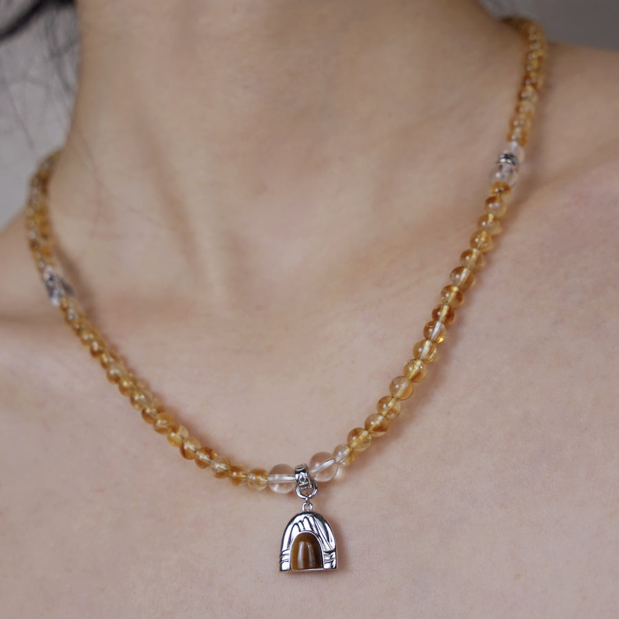Five Elements「Earth」Solid 925 Sterling Silver, 18K Gold/White Gold Plated Yellow Color Healing Tiger Eye Earth Moutain Pendant  3 Layered Crystal Bracelet & Necklace