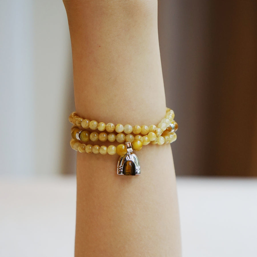 Five Elements「Earth」Solid 925 Sterling Silver, 18K Gold/White Gold Plated Yellow Color Healing Tiger Eye Earth Moutain Pendant  3 Layered Crystal Bracelet & Necklace