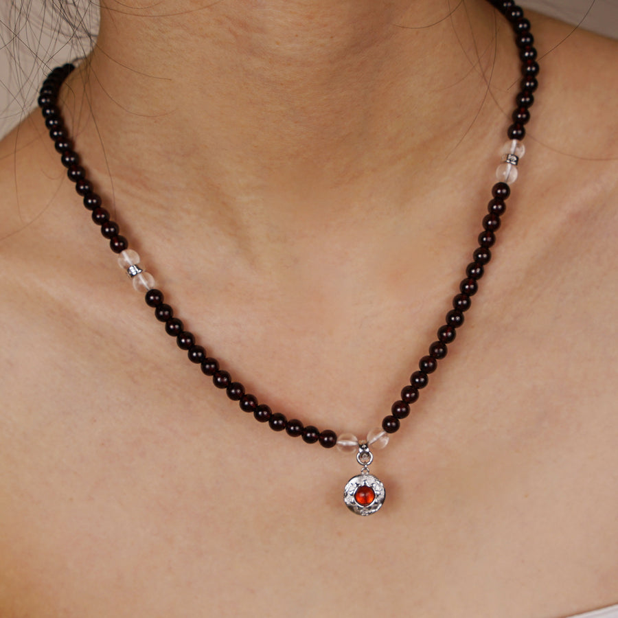 Five Elements「Fire」Solid 925 Sterling Silver, 18K Gold/White Gold Plated Red Color Healing Garnet the Sun Firebird Pendant  3 Layered Crystal Bracelet & Necklace