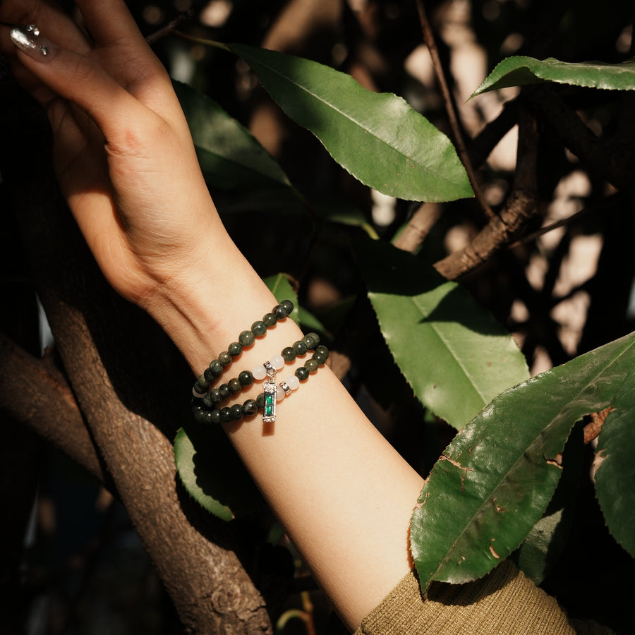 Five Elements「Wood」Solid 925 Sterling Silver, 18K Gold/White Gold Plated Green Color Healing Emerald Life Tree with Flower Pendant 3 Layered Crystal Bracelet & Necklace
