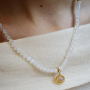 Five Elements「Metal」Solid 925 Sterling Silver, 18K Gold/White Gold Plated White Color Healing Moonstone Aura Pendant 3 Layered Crystal Bracelet & Necklace