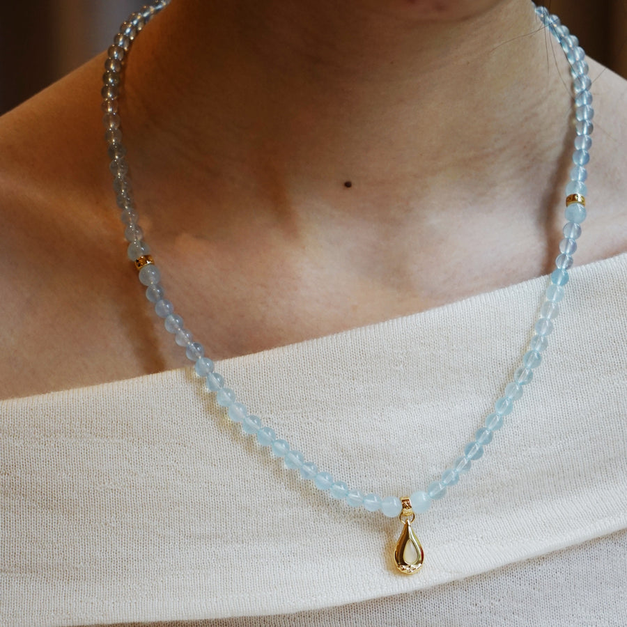 Five Elements「Water」Solid 925 Sterling Silver, 18K Gold/White Gold Plated Aquamarine Waterdrop Pendant 3 Layered Crystal Bracelet & Necklace