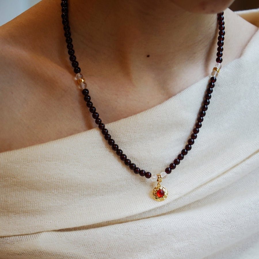 Five Elements「Fire」Solid 925 Sterling Silver, 18K Gold/White Gold Plated Red Color Healing Garnet the Sun Firebird Pendant  3 Layered Crystal Bracelet & Necklace