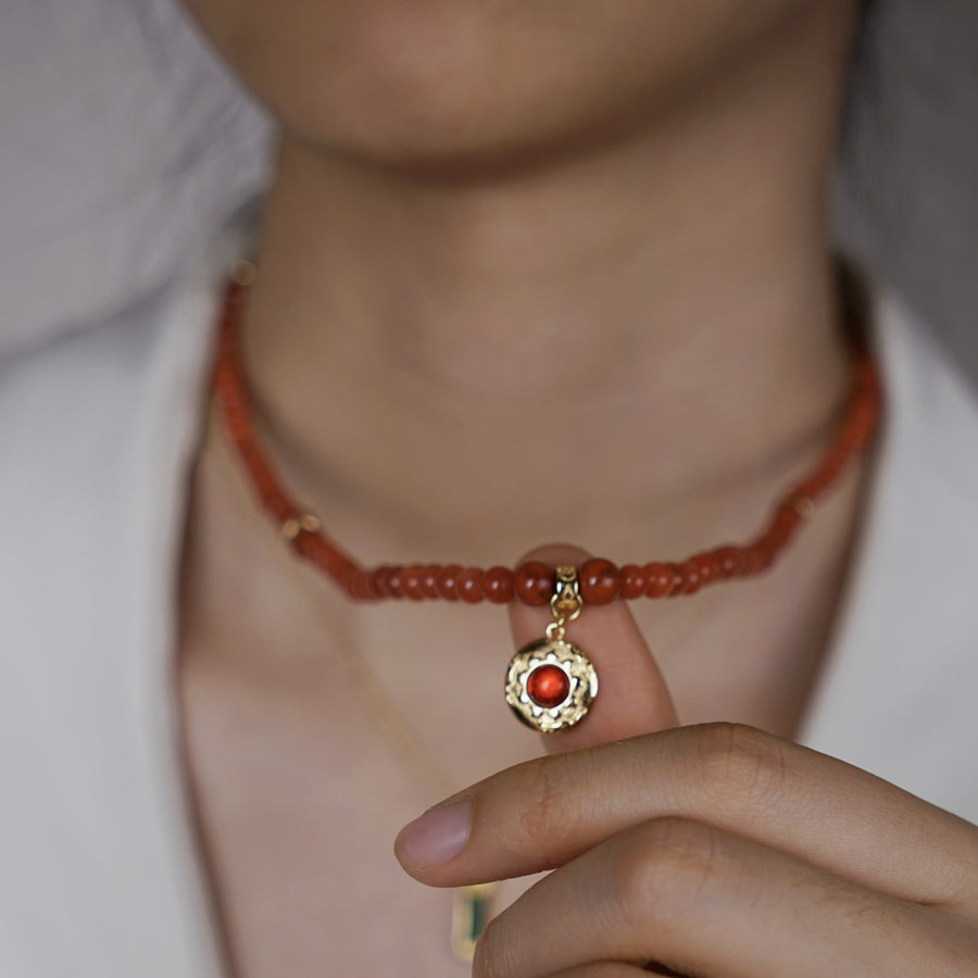 Five Elements「Fire」Solid 925 Sterling Silver, 18K Gold/White Gold Plated Red Color Healing Garnet the Sun Firebird Pendant  3 Layered Crystal Bracelet & Necklace