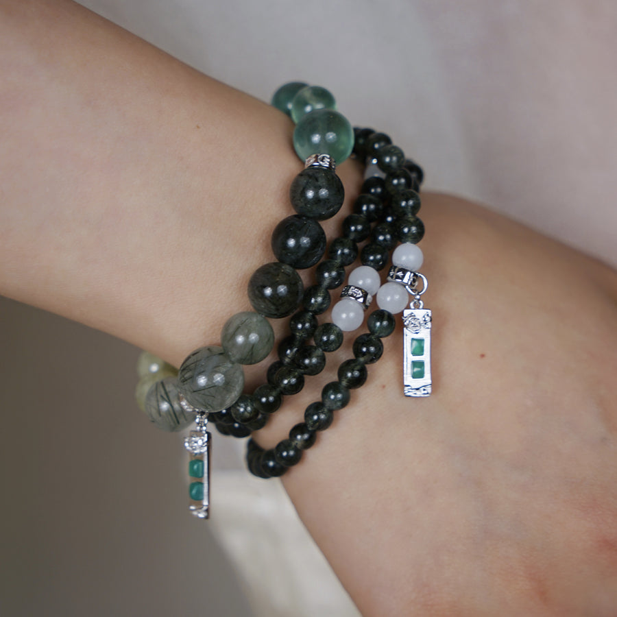Five Elements「Wood」Solid 925 Sterling Silver, 18K Gold/White Gold Plated Green Color Healing Emerald Life Tree with Flower Pendant 3 Layered Crystal Bracelet & Necklace