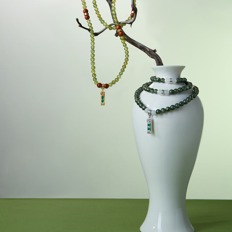 Five Elements「Wood」Solid 925 Sterling Silver, 18K Gold/White Gold Plated Green Color Healing Emerald Life Tree with Flower Pendant 3 Layered Crystal Bracelet & Necklace