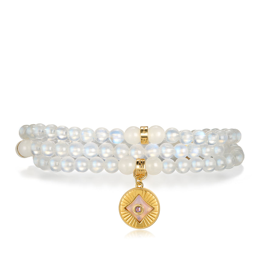 Five Elements「Metal」Solid 925 Sterling Silver, 18K Gold/White Gold Plated White Color Healing Moonstone Aura Pendant 3 Layered Crystal Bracelet & Necklace