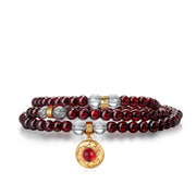 Five Elements「Fire」Solid 925 Sterling Silver, 18K Gold/White Gold Plated Red Color Healing Garnet the Sun Firebird Pendant  3 Layered Crystal Bracelet & Necklace