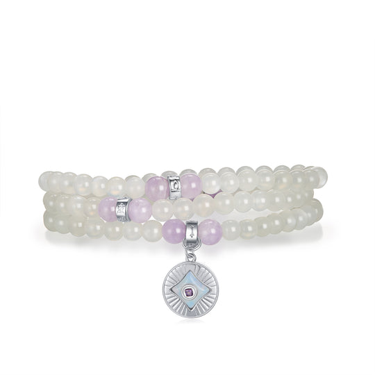Five Elements「Metal」Solid 925 Sterling Silver, 18K Gold/White Gold Plated White Color Healing Moonstone Aura Pendant 3 Layered Crystal Bracelet & Necklace