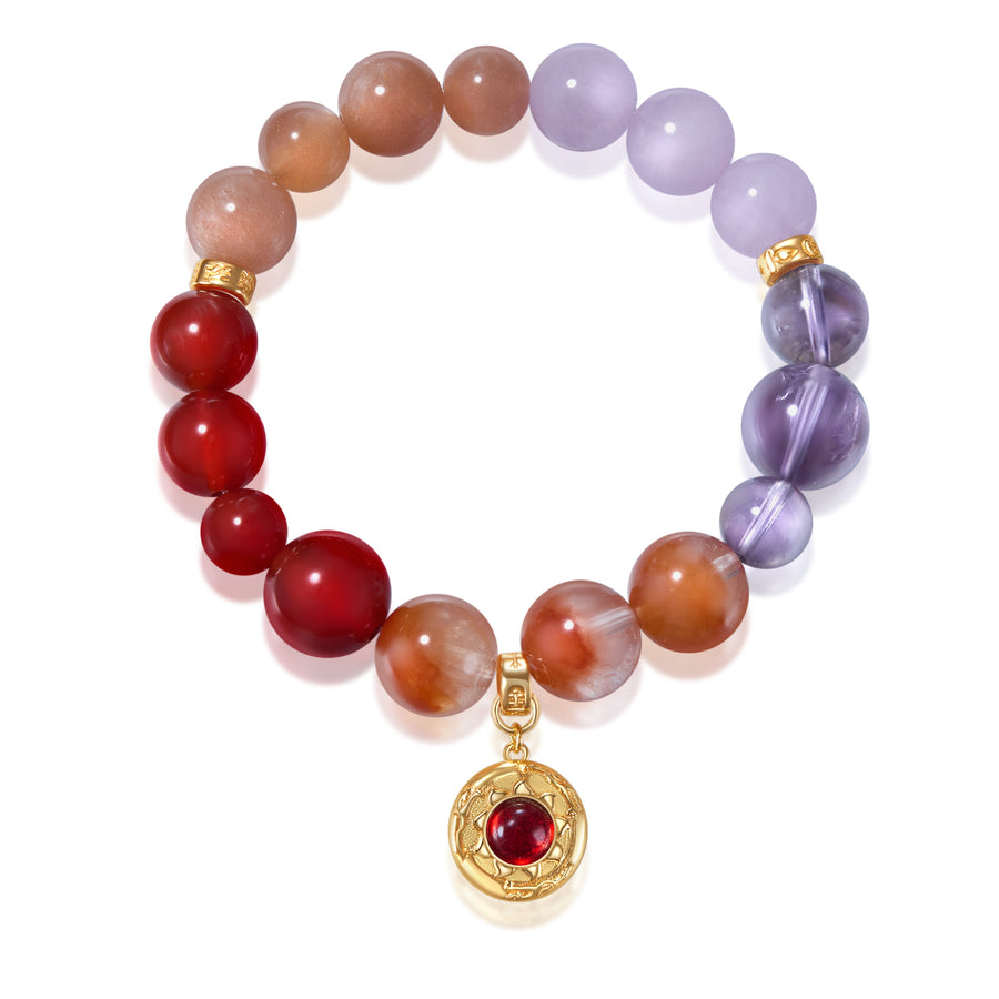 Five Elements「Fire」Solid 925 Sterling Silver, 18K Gold/White Gold Plated Garnet the Sun Firebird Pendant Crystal Bracelet