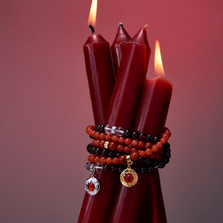 Five Elements「Fire」Solid 925 Sterling Silver, 18K Gold/White Gold Plated Red Color Healing Garnet the Sun Firebird Pendant  3 Layered Crystal Bracelet & Necklace
