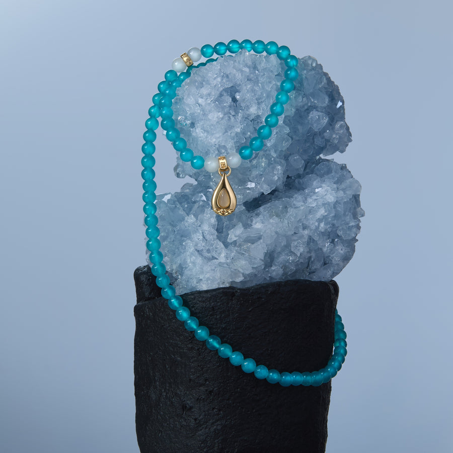 Five Elements「Water」Solid 925 Sterling Silver, 18K Gold/White Gold Plated Aquamarine Waterdrop Pendant 3 Layered Crystal Bracelet & Necklace