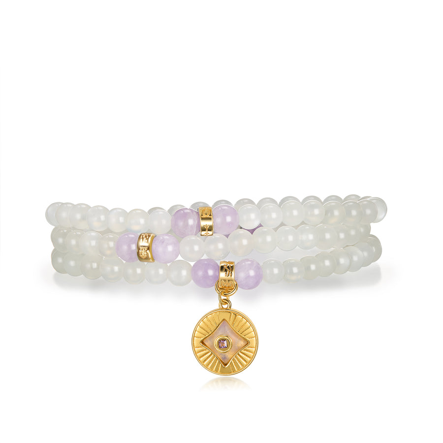 Five Elements「Metal」Solid 925 Sterling Silver, 18K Gold/White Gold Plated White Color Healing Moonstone Aura Pendant 3 Layered Crystal Bracelet & Necklace