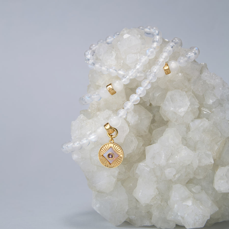 Five Elements「Metal」Solid 925 Sterling Silver, 18K Gold/White Gold Plated White Color Healing Moonstone Aura Pendant 3 Layered Crystal Bracelet & Necklace