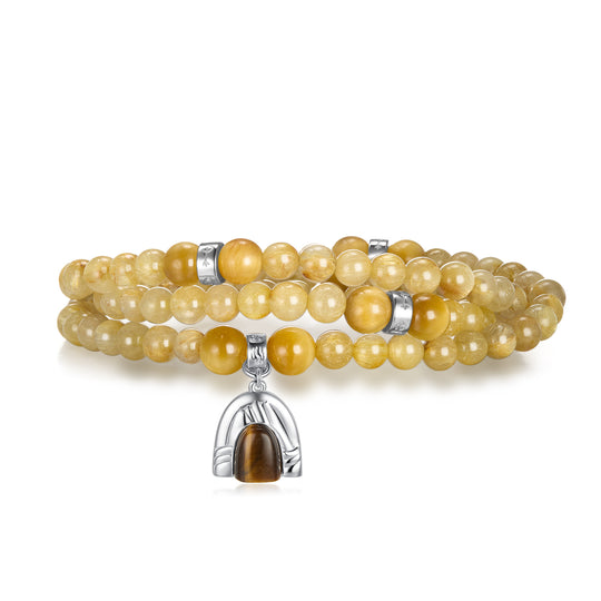 Five Elements「Earth」Solid 925 Sterling Silver, 18K Gold/White Gold Plated Yellow Color Healing Tiger Eye Earth Moutain Pendant  3 Layered Crystal Bracelet & Necklace