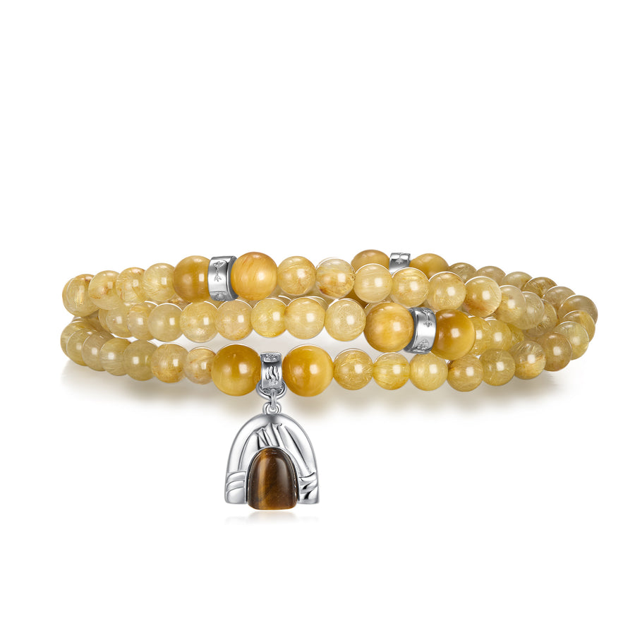 Five Elements「Earth」Solid 925 Sterling Silver, 18K Gold/White Gold Plated Yellow Color Healing Tiger Eye Earth Moutain Pendant  3 Layered Crystal Bracelet & Necklace