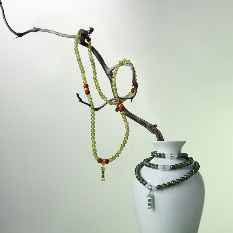 Five Elements「Wood」Solid 925 Sterling Silver, 18K Gold/White Gold Plated Green Color Healing Emerald Life Tree with Flower Pendant 3 Layered Crystal Bracelet & Necklace