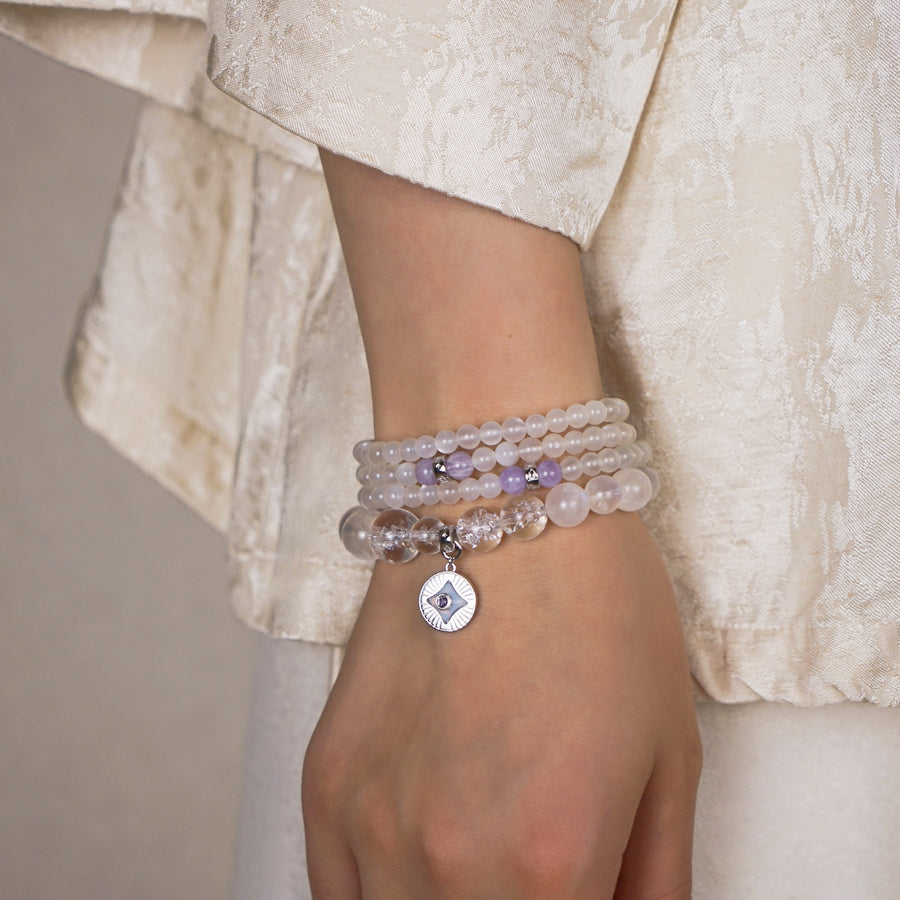 Five Elements「Metal」Solid 925 Sterling Silver, 18K Gold/White Gold Plated White Color Healing Moonstone Aura Pendant 3 Layered Crystal Bracelet & Necklace