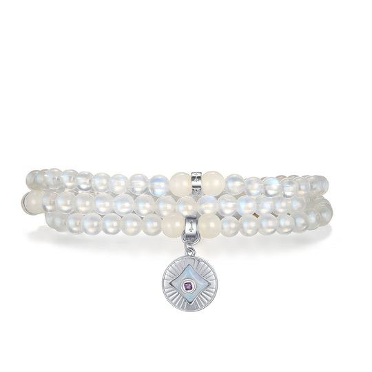 Five Elements「Metal」Solid 925 Sterling Silver, 18K Gold/White Gold Plated White Color Healing Moonstone Aura Pendant 3 Layered Crystal Bracelet & Necklace