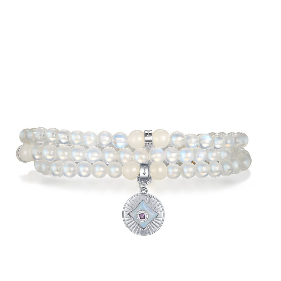 Five Elements「Metal」Solid 925 Sterling Silver, 18K Gold/White Gold Plated White Color Healing Moonstone Aura Pendant 3 Layered Crystal Bracelet & Necklace