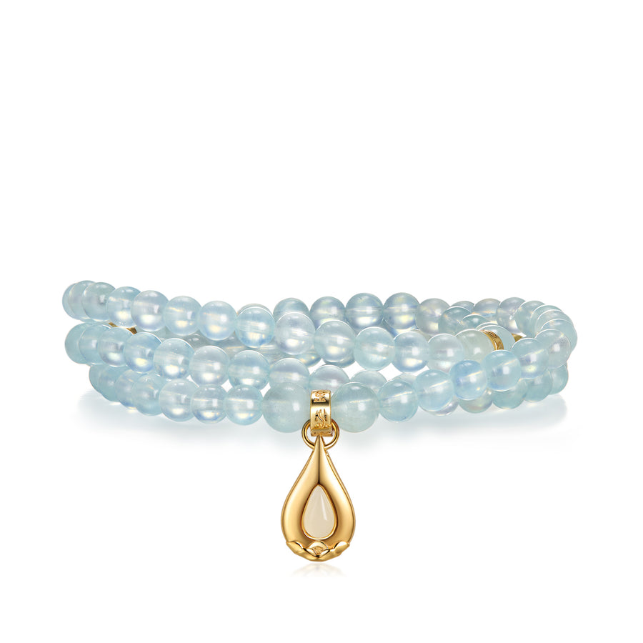 Five Elements「Water」Solid 925 Sterling Silver, 18K Gold/White Gold Plated Aquamarine Waterdrop Pendant 3 Layered Crystal Bracelet & Necklace